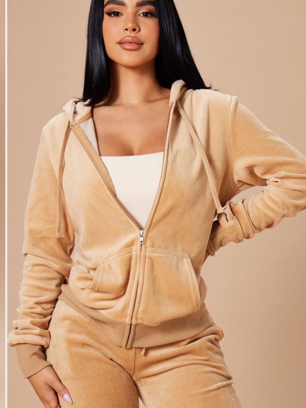 Fashion Nova Beige Velour Zip Hoodie & Joggers Set